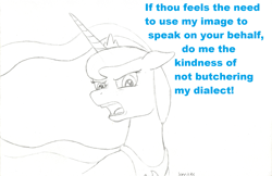 Size: 1767x1146 | Tagged: safe, artist:hericks, edit, princess luna, alicorn, pony, angry, female, mare, mouthpiece, simple background, swearing, vulgar, white background, ye olde butcherede englishe