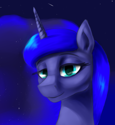 Size: 2480x2700 | Tagged: safe, artist:dukevonkessel, princess luna, alicorn, pony, bust, ethereal mane, lidded eyes, looking at you, portrait, smiling, solo, stars