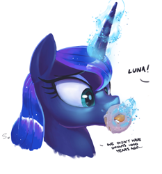 Size: 2194x2358 | Tagged: safe, artist:selenophile, derpibooru exclusive, princess luna, alicorn, pony, :p, accidental lewdness, bust, dialogue, donut, donutsnootle, female, food, magic, mare, offscreen character, portrait, silly, simple background, solo, suggestive eating, telekinesis, tongue out, white background