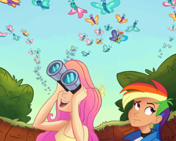 Size: 1500x1200 | Tagged: safe, artist:ric-m, discord, fluttershy, rainbow dash, butterfly, human, dragon quest, binoculars, bored, butterfly migration, humanized, looking up, migration, scene interpretation, species swap