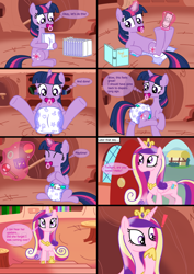 Size: 1350x1912 | Tagged: safe, artist:diaperdude, princess cadance, twilight sparkle, alicorn, pony, unicorn, comic:a foalish mind, abdl, adult foal, caught, comic, cushies, diaper, diaper package, diapering, exclamation point, fetish, golden oaks library, pacifier, product placement, shocked