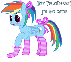 Size: 7025x6167 | Tagged: safe, artist:joey, rainbow dash, pegasus, pony, absurd resolution, alternate hairstyle, blushing, bow, clothes, cute, dashabetes, i'm not cute, magic, socks, solo, striped socks, tail bow