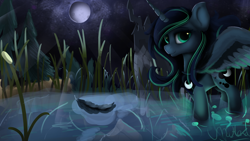 Size: 1920x1080 | Tagged: safe, artist:mahexa, princess luna, alicorn, pony, feather, female, full moon, mare, moon, night, pond, scenery, signature, smiling, solo, water