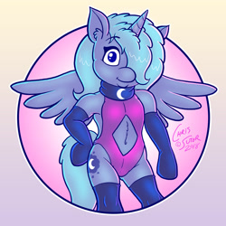 Size: 1024x1024 | Tagged: safe, artist:chris sutor, princess luna, anthro, belly button, clothes, commission, cute, female, filly, gloves, hair over one eye, leotard, looking at you, naughty luna, navel cutout, smiling, socks, spread wings, wings, woona, younger