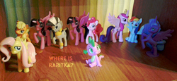 Size: 1280x589 | Tagged: safe, applejack, fluttershy, pinkie pie, princess cadance, princess luna, rainbow dash, rarity, spike, twilight sparkle, twilight sparkle (alicorn), alicorn, dragon, earth pony, pegasus, pony, unicorn, zebra, figure, mane six, photo