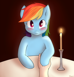 Size: 900x930 | Tagged: safe, rainbow dash, pegasus, pony, blue coat, blushing, candle, female, mare, multicolored mane