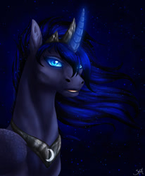 Size: 700x850 | Tagged: safe, artist:dachiia, princess luna, alicorn, pony, curved horn, ear fluff, ethereal mane, female, glowing horn, hoers, jewelry, looking at you, mare, regalia, solo, starry mane, starry night