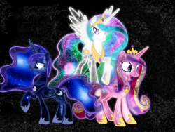 Size: 1600x1200 | Tagged: safe, artist:morningstar-1337, princess cadance, princess celestia, princess luna, alicorn, pony, neon, space