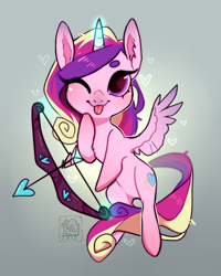 Size: 1280x1600 | Tagged: safe, artist:tabu-rat, princess cadance, alicorn, pony, :p, arrow, beanbrows, bow (weapon), bow and arrow, chest fluff, chibi, cupid, cupidance, cute, cutedance, ear fluff, eyebrows, female, flying, glowing horn, heart, heart eyes, horn, looking at you, magic, mare, one eye closed, solo, telekinesis, tongue out, weapon, wingding eyes, wink
