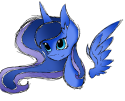 Size: 1280x1036 | Tagged: safe, artist:ask-azalea-grey, princess luna, alicorn, pony, bust, colored sketch, ear fluff, female, floating wings, mare, sidemouth, simple background, solo, white background