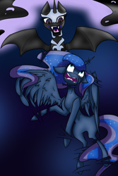 Size: 1000x1500 | Tagged: safe, artist:ask-azalea-grey, nightmare moon, princess luna, alicorn, pony, bat wings, crying, duality, duo, female, floppy ears, mare, missing accessory, open mouth, prehensile mane, spread wings, wings