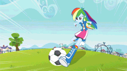 Size: 480x270 | Tagged: safe, screencap, rainbow dash, equestria girls, equestria girls (movie), animated, ball, boots, clothes, compression shorts, female, football, kicking, shoes, skirt, soccer field, solo, turnaround