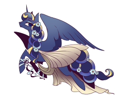 Size: 1280x1015 | Tagged: safe, artist:28gooddays, princess luna, alicorn, pony, alternate hairstyle, clothes, dress, female, flower, flower in hair, flying, mare, simple background, smiling, solo, spread wings, transparent background, wings