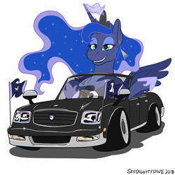Size: 2700x2700 | Tagged: safe, artist:skydiggitydive, princess luna, alicorn, pony, camber, car, driving, ear piercing, earring, female, flag, horn, jewelry, piercing, princess, solo, stanced, toyota, toyota century, wings
