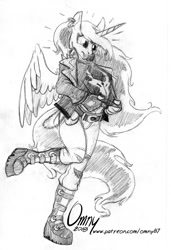Size: 800x1168 | Tagged: safe, artist:omny87, princess luna, anthro, black and white, boots, clothes, female, grayscale, jacket, leather jacket, monochrome, punk, shoes, solo
