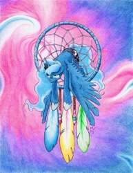 Size: 1255x1629 | Tagged: safe, artist:philo5, princess luna, alicorn, pony, abstract background, beads, dream walker luna, dreamcatcher, dreamcaught luna, feather, female, luna is not amused, mare, solo, stuck, traditional art, trapped, unamused