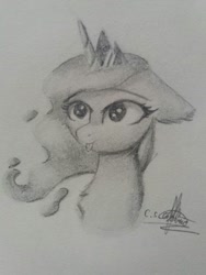 Size: 774x1032 | Tagged: safe, artist:ironbeastz, princess luna, alicorn, pony, bust, floppy ears, monochrome, portrait, solo, tongue out, traditional art