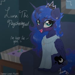 Size: 2250x2250 | Tagged: safe, artist:darkest-lunar-flower, princess luna, alicorn, pony, clothes, cute, dialogue, female, mare, psychologist, signature, solo, sweater