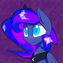 Size: 2400x2400 | Tagged: safe, artist:creepypastapon3, princess luna, alicorn, pony, blushing, bust, colored pupils, cute, female, mare, portrait, smiling, solo