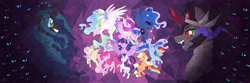 Size: 6000x2000 | Tagged: safe, artist:tenebristayga, applejack, fluttershy, king sombra, pinkie pie, princess cadance, princess celestia, princess luna, queen chrysalis, rainbow dash, rarity, twilight sparkle, twilight sparkle (alicorn), alicorn, changeling, changeling queen, earth pony, pegasus, pony, unicorn, alicorn tetrarchy, armor, bust, clothes, commission, crown, dark magic, fangs, female, jewelry, magic, male, mane six, mare, miasma, rearing, regalia, shoes, spread wings, stained glass, stallion, wings