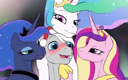 Size: 2203x1374 | Tagged: safe, artist:arareroll, derpibooru exclusive, princess cadance, princess celestia, princess luna, oc, oc:snowy, alicorn, pony, alicorn triarchy, bedroom eyes, blushing, canon x oc, christmas, female, hat, holiday, hoof shoes, hoof under chin, lucky bastard, male, santa hat, this will end in snu snu