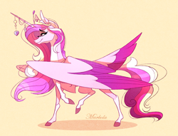 Size: 2597x1987 | Tagged: safe, artist:marbola, princess cadance, alicorn, pony, colored wings, female, horn, horn jewelry, jewelry, large wings, mare, multicolored wings, raised hoof, raised hooves, simple background, smiling, solo, wings