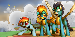 Size: 2160x1080 | Tagged: safe, artist:valcron, rainbow dash, soarin', spitfire, pegasus, pony, goggles, wonderbolts, wonderbolts uniform