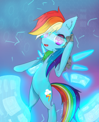 Size: 650x800 | Tagged: safe, artist:dreishzu, rainbow dash, pegasus, pony, blue coat, female, hmd, mare, multicolored mane, solo