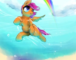 Size: 1280x1024 | Tagged: safe, artist:nabe, rainbow dash, scootaloo, pegasus, pony, pixiv, swimming, water