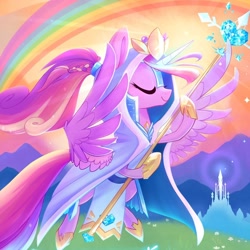 Size: 1080x1080 | Tagged: safe, artist:meekcheep, idw, princess cadance, alicorn, pony, legends of magic, spoiler:comic, spoiler:comiclom9, cover, eyes closed, female, flying, hoof hold, majestic, mare, rainbow