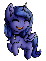 Size: 575x766 | Tagged: safe, artist:deraniel, princess luna, alicorn, pony, accessories, cheek fluff, chest fluff, collar, cute, ear fluff, eyes closed, female, filly, flying, happy, lunabetes, simple background, smiling, solo, transparent background, wings, woona, younger