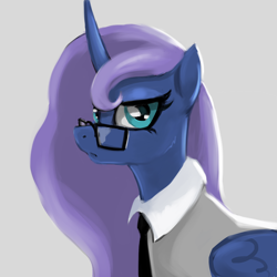 Size: 1600x1600 | Tagged: safe, artist:hardbrony, princess luna, alicorn, pony, clothes, female, glasses, gray background, lidded eyes, mare, necktie, simple background, solo