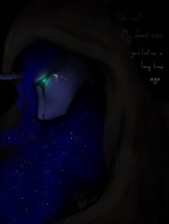 Size: 768x1024 | Tagged: safe, artist:catlovergirl, artist:rubenite, princess luna, alicorn, pony, beauty mark, black background, black sclera, dark, dialogue, ethereal mane, female, glowing eyes, hooded cape, looking at you, mare, sad, simple background, solo, starry mane