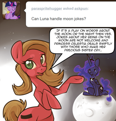 Size: 731x759 | Tagged: safe, artist:fluffpudge, princess luna, oc, oc:pun, alicorn, earth pony, pony, ask, ask pun, female, looking at you, mare, moon, on the moon, pointing, tangible heavenly object