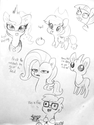 Size: 1280x1691 | Tagged: safe, artist:tjpones, applejack, fluttershy, princess luna, twilight sparkle, oc, oc:tjpones, alicorn, changedling, changeling, earth pony, pegasus, pony, :p, angry, apple, appul, black and white, buggo, cute, ear fluff, female, fluttershy is not amused, food, grayscale, jackabetes, lineart, majestic as fuck, male, mare, monochrome, ork, silly, solo, stallion, this is fine, tongue out, traditional art, unamused, warhammer (game), warhammer 40k