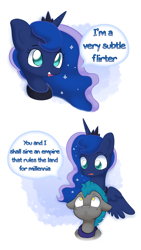 Size: 7631x13559 | Tagged: safe, artist:adequality, artist:tjpones, princess luna, alicorn, pony, abstract background, absurd file size, absurd resolution, blatant lies, bust, comic, dialogue, female, flirt, flirting, floppy ears, guard, guardluna, male, mare, night guard, royal guard, speech bubble, stallion, subtle as a train wreck