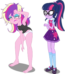 Size: 1391x1578 | Tagged: safe, artist:bluse, artist:sketchmcreations, artist:uponia, edit, editor:slayerbvc, dean cadance, princess cadance, sci-twi, twilight sparkle, equestria girls, armpits, background removed, barefoot, breasts, clothes, eyeshadow, feet, female, hangover, makeup, messy hair, off shoulder, panties, show accurate, tanktop, tired, underwear, white underwear