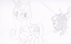 Size: 2429x1500 | Tagged: safe, artist:tunrae, princess cadance, alicorn, pony, broken door, corridor, darkness, hoof shoes, impending doom, lineart, monochrome, monster, raised hoof, sketch, traditional art