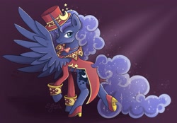 Size: 3896x2717 | Tagged: safe, artist:eljonek, princess luna, alicorn, pony, bowtie, female, hat, high heels, looking at you, looking back, looking back at you, mare, moon, shoes, solo, top hat