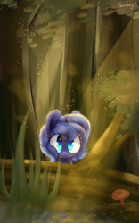 Size: 1800x2880 | Tagged: safe, artist:fluorbaryt, princess luna, alicorn, pony, cute, female, filly, forest, log, lunabetes, mare, solo, woona, younger