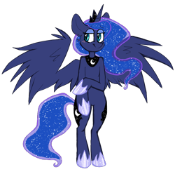 Size: 784x778 | Tagged: safe, artist:warriorcatz239, princess luna, alicorn, pony, semi-anthro, blushing, ethereal mane, female, hoof shoes, jewelry, regalia, simple background, smiling, solo, standing, starry mane, transparent background, wings