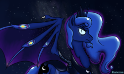 Size: 1000x600 | Tagged: safe, artist:raeverran, prince artemis, princess luna, alicorn, bat pony, bat pony alicorn, beard, bone wings, crown, facial hair, jewelry, looking at you, regalia, rule 63, slit eyes, snake eyes, solo, space background, spread wings, wings