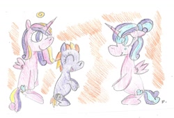 Size: 1794x1220 | Tagged: safe, artist:ptitemouette, princess cadance, princess flurry heart, oc, oc:eclipse, ghost, pony, crying, female, halo, mother and child, mother and daughter, offspring, parent and child, parent:oc:ballon frost cake, parent:oc:snowdrop, parents:oc x oc, traditional art