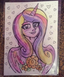 Size: 600x722 | Tagged: safe, artist:marybellamy, princess cadance, alicorn, human, alicorn humanization, bust, flower, horned humanization, humanized, looking at you, mixed media, pencil drawing, traditional art, winged humanization, wings