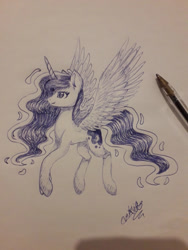 Size: 720x960 | Tagged: dead source, safe, artist:crystalraimbow, princess luna, alicorn, pony, ballpoint pen, female, ink drawing, mare, missing accessory, monochrome, simple background, solo, traditional art, white background