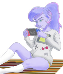 Size: 818x968 | Tagged: safe, artist:raikoh, princess luna, vice principal luna, equestria girls, clothes, female, gamer luna, nintendo switch, playing, simple background, sitting, socks, solo, white background