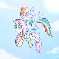 Size: 512x512 | Tagged: safe, artist:flarities, fluttershy, rainbow dash, pegasus, pony, carrying, cloud, cloudy, flying, sky