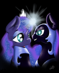 Size: 800x994 | Tagged: safe, artist:valemjj, nightmare moon, princess luna, alicorn, pony, horns are touching