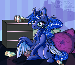 Size: 2000x1719 | Tagged: safe, artist:sweet-mayhem, princess luna, alicorn, pony, alternate hairstyle, bedroom, controller, female, food, gamer luna, gaming, hoof hold, hooves, late, midnight, missing accessory, night, ponytail, sitting, solo, sparkles, stare, wings