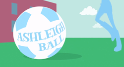 Size: 1058x574 | Tagged: safe, screencap, rainbow dash, equestria girls, equestria girls (movie), ashleigh ball, ball, credits, intro, pun, visual pun